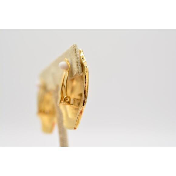 Fernando Vintage Clip Earrings Black White Enamel Gold Chunky FO Signed 80s Bin8 - Picture 8 of 12
